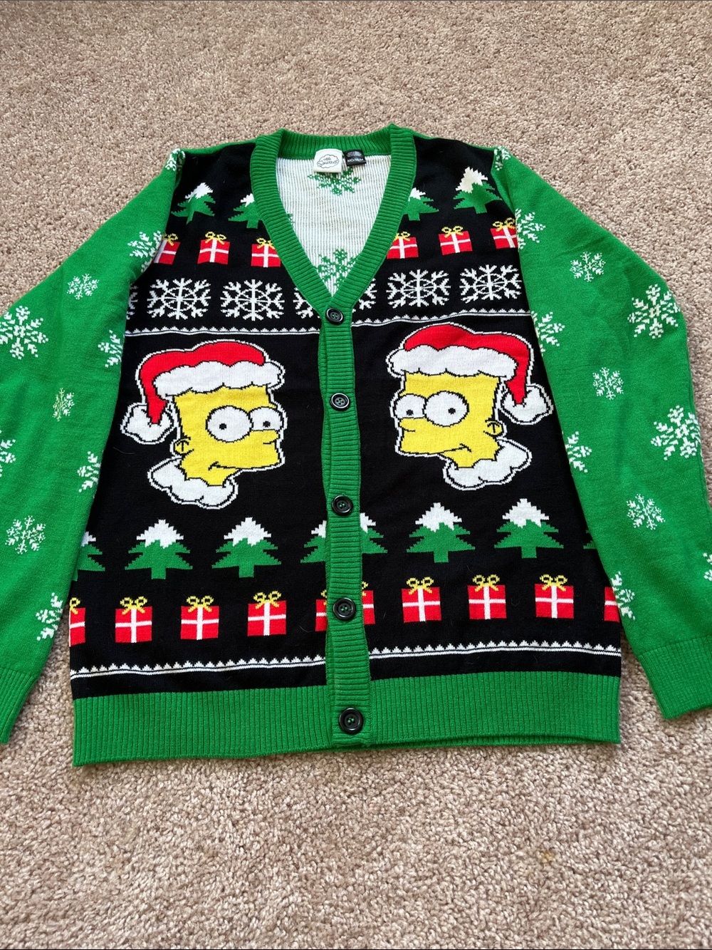 The Simpsons Men's Green Black Holiday Cardigan Sweater with Festive Character
